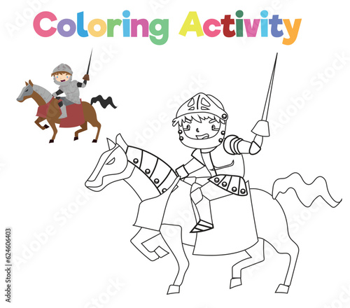 Coloring page a fairy tale Medieval Kingdom black and white the cute knight riding horse in armour and holding a sword. Vector outline fantasy kingdom. Medieval fairytale a knight cartoon character. 