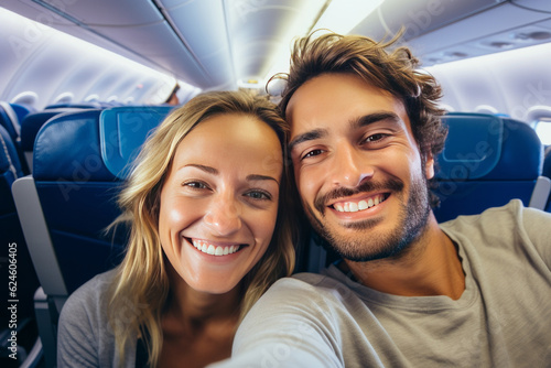 portrait selfie happy tourist couple taking selfie inside airplane . AI Generated