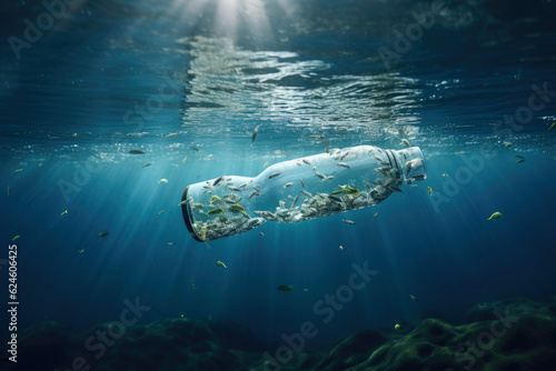 Floating bottle. Problem of plastic pollution under the sea concept. Generative AI © piai