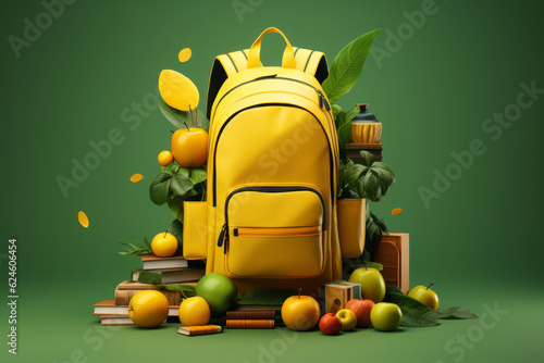 school supplies with a backpack  in the style of dark yellow and light green. AI Generated
