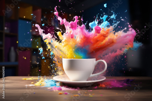 Fotografie, Obraz Rainbow explosion in the coffee cup,. AI Generated