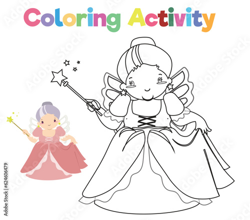 Coloring page a fairy tale Medieval Kingdom black and white the fairy godmother. Vector outline fantasy monarch kingdom. Medieval fairytale a fairy godmother cartoon character. 