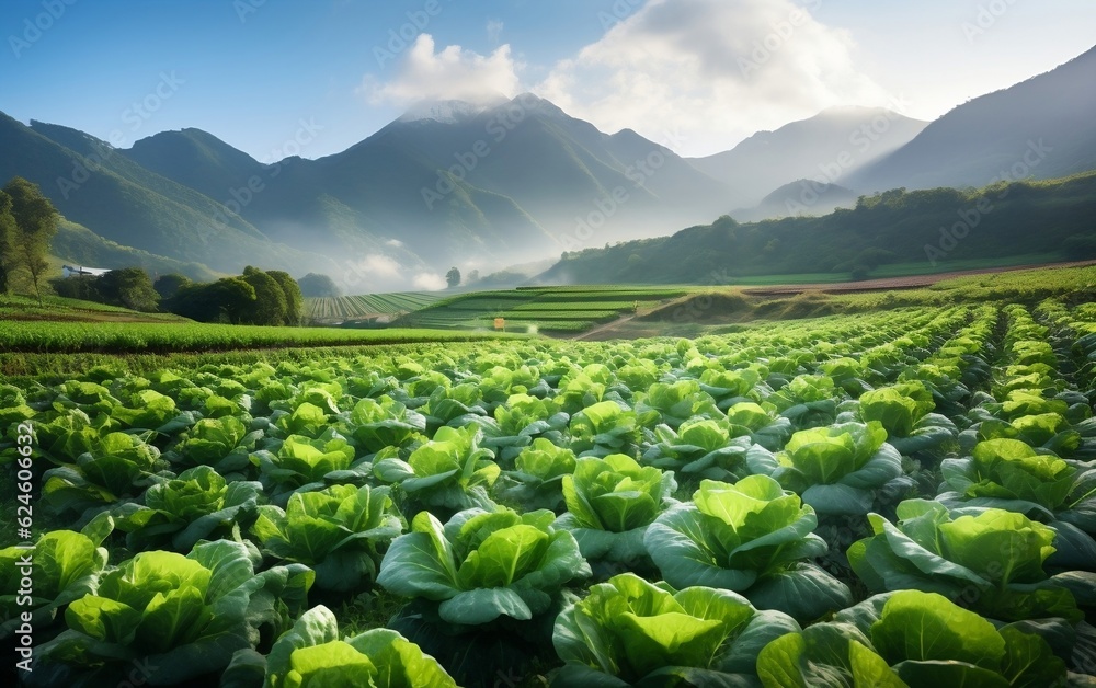 A lush green field with mountains in the background. Ai