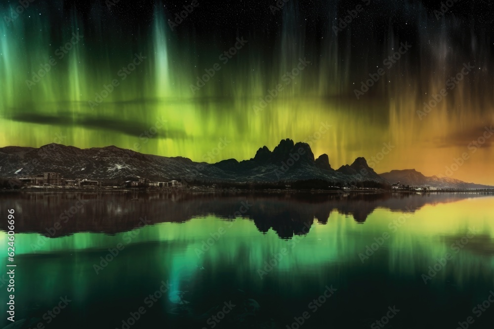 aurora reflecting on liquid methane lakes of titan, created with generative ai