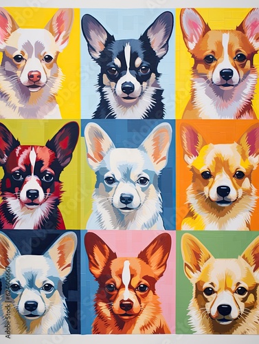 Portrait collection of chihuahua dog, with rows and columns of different puppy moods reflected in different colors. Generative AI © Anna
