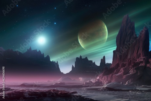 aurora on a rocky planet with multiple moons above, created with generative ai