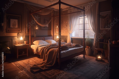 Cozy bedroom interior with mock up poster frame, big bed, beige bedding, plaid, lamp, wooden stands, black ladder, beige rug, wall with stucco and personal accessories. Generative AI © Create image