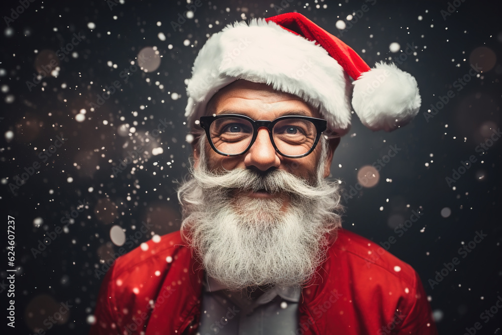 Christmas concept, smiling bearded mustachioed senior hipster man in red glasses and party hat on snowy background Christmas concept, smiling bearded mustachioed senior hipster man in red glasses and party hat on snowy background