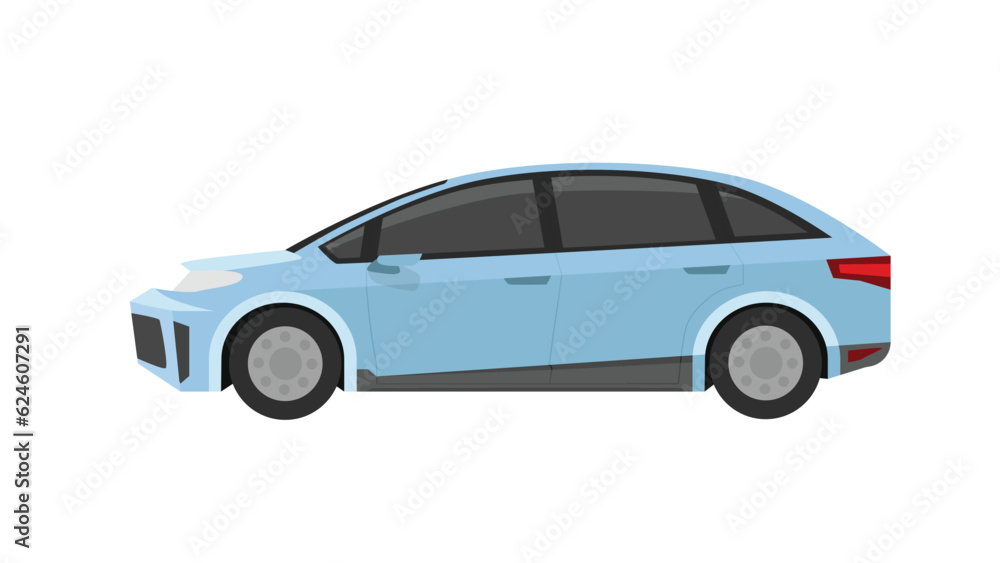 Concept vector illustration of detailed side of a flat blue sedan car. on isolated white background.
