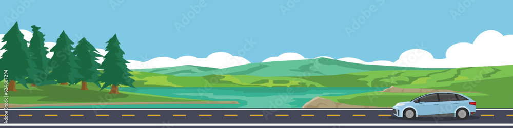 Cartoon travel car for banner. Car sedan for travel.  Asphalt road near field of river and mountain under clear sky for winter travel. Copy Space Flat Vector.