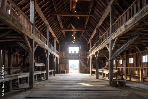 interior of the barn showing restored wooden structure, created with generative ai