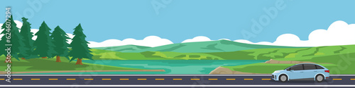 Cartoon travel car for banner. Car sedan for travel.  Asphalt road near field of river and mountain under clear sky for winter travel. Copy Space Flat Vector.