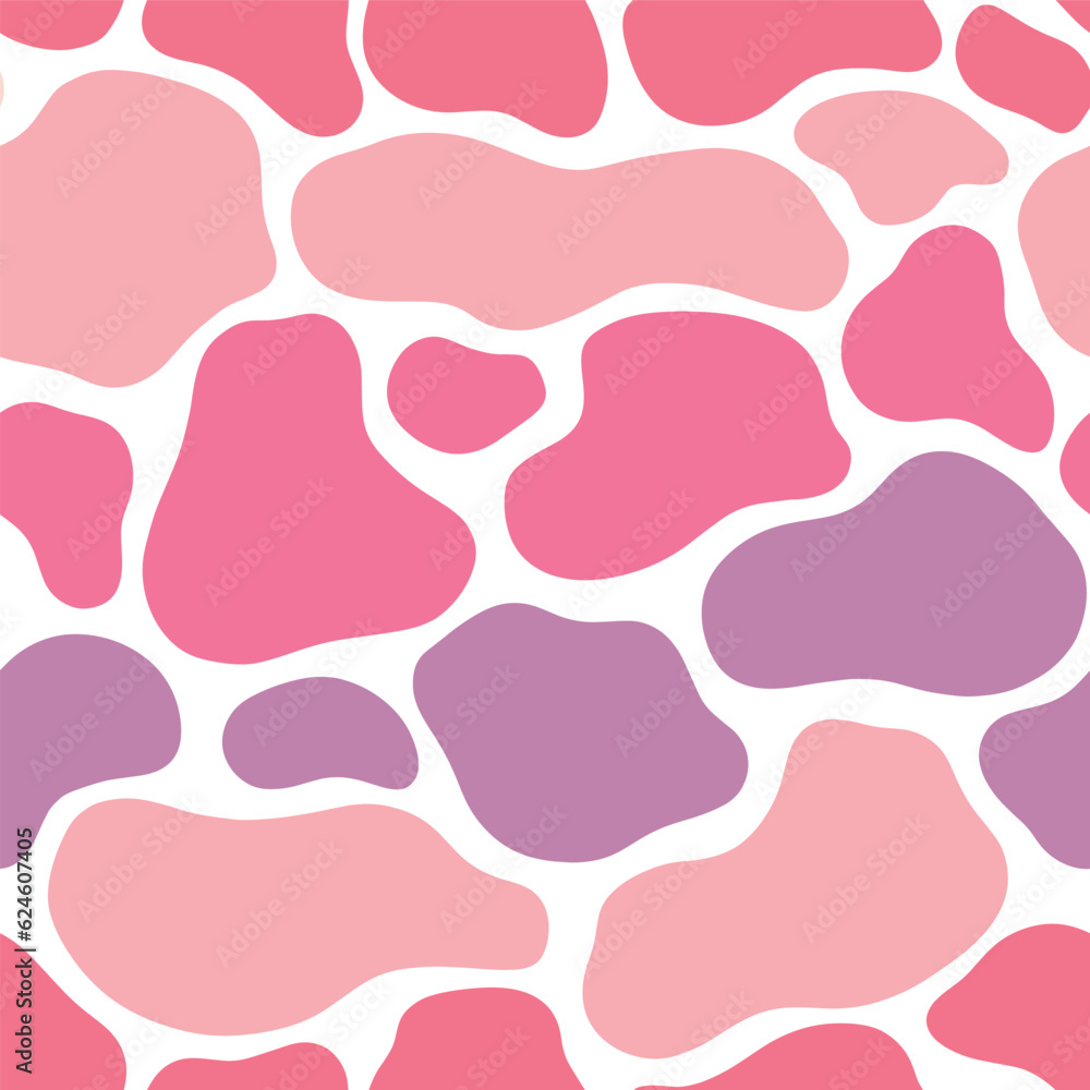 Cow print vector seamless pattern design, abstract seamless animal skin repeat background in pink and purple. Cow print vector seamless pattern design, abstract seamless animal skin repeat background in pink and purple.