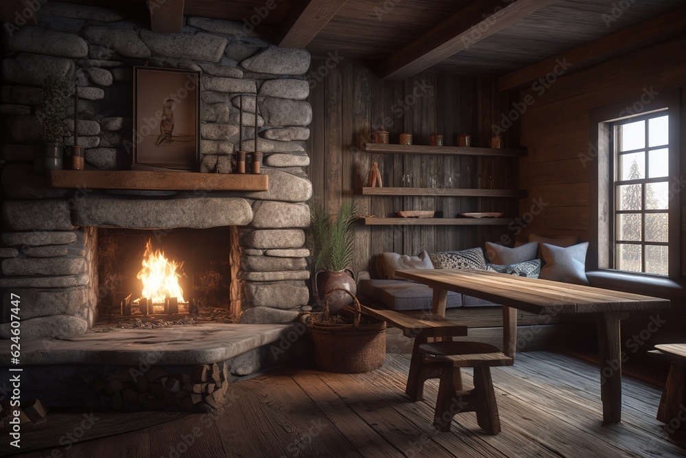 Interior of mountain wooden lodge bedroom.Generative AI