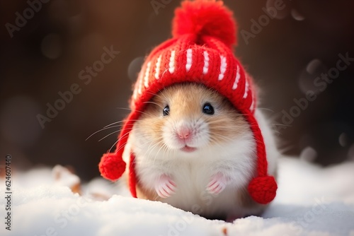 Cute fluffy little hamster in a red knitted hat standing in snow on a winter day, close-up of rodent outdoors