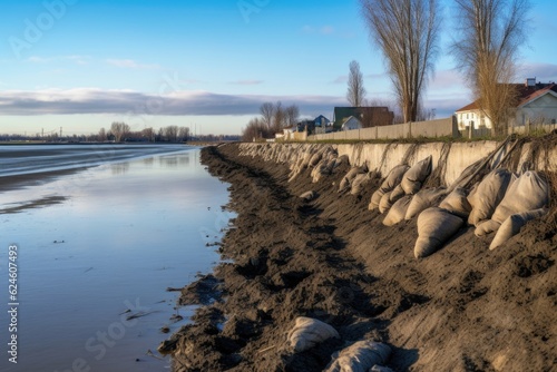 sandbags placed along the edge of a damaged levee, created with generative ai photo