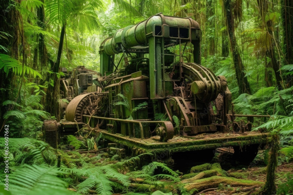 machinery down trees in tropical forest, created with generative ai machinery down trees in tropical forest, created with generative ai