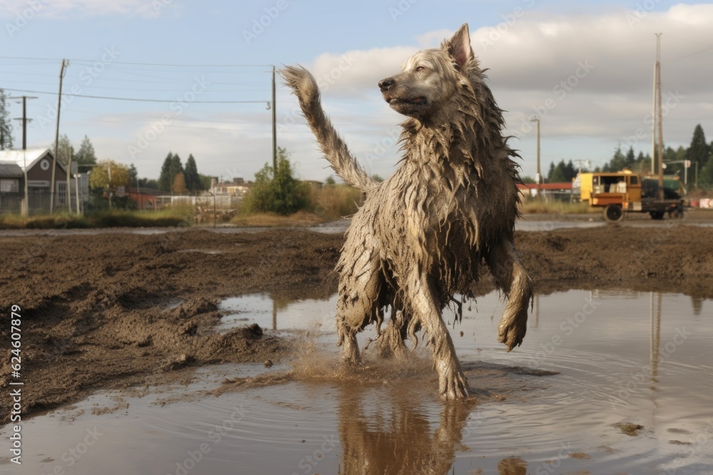 Fototapeta premium dog shaking water off next to a muddy puddle, created with generative ai