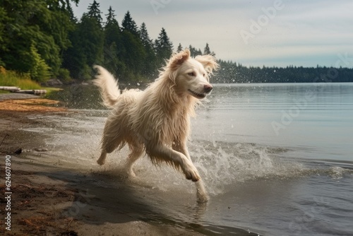 dog shaking off water by a beach or lake shore, created with generative ai