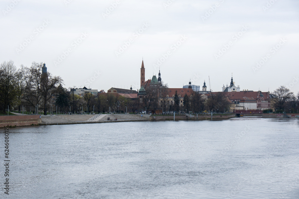 Wroclaw landscape panorama. Odra river Historical capital of Silesia, Europe. City hall architecture buildings. Old town landmark cathedrals church. Travel tourist destination 