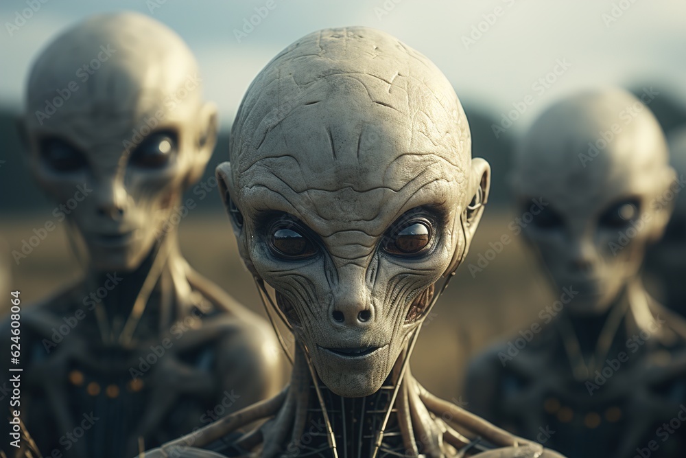 Group of alien, three ufo spooky humanoid looking at the camera outdoors. Paranormal sci-fi illustration