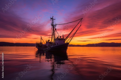 wide shot of fishing trawler silhouette against colorful dusk sky, created with generative ai