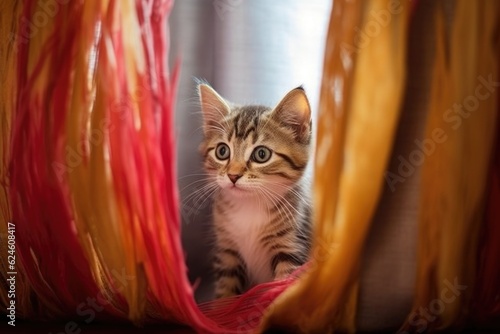 kitten hiding behind a curtain, feather toy in sight, created with generative ai © altitudevisual