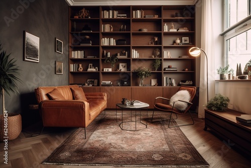 Bookcase with armchair in modern interior of room. Generative AI