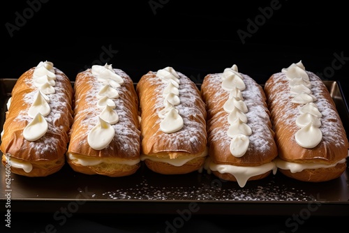 Traditional french eclairs filled with vanilla cream and powdered sugar