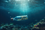 Floating bottle. Problem of plastic pollution under the sea concept. Generative AI