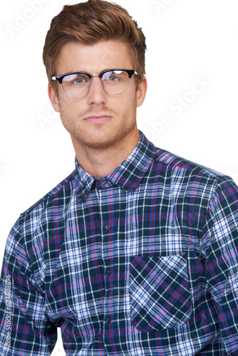 Business man, glasses and face closeup with confidence isolated on a transparent, png background. IT work, casual professional and serious portrait of a young male employee with work and developer © Suresh Heyt/peopleimages.com