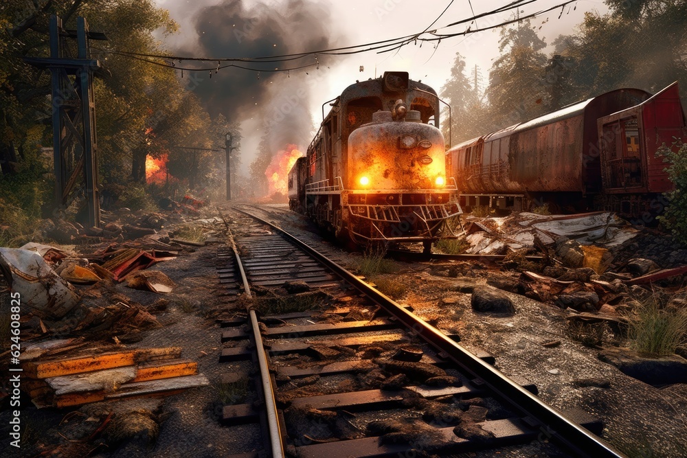 Naklejka premium derailment scene with twisted metal and debris, created with generative ai