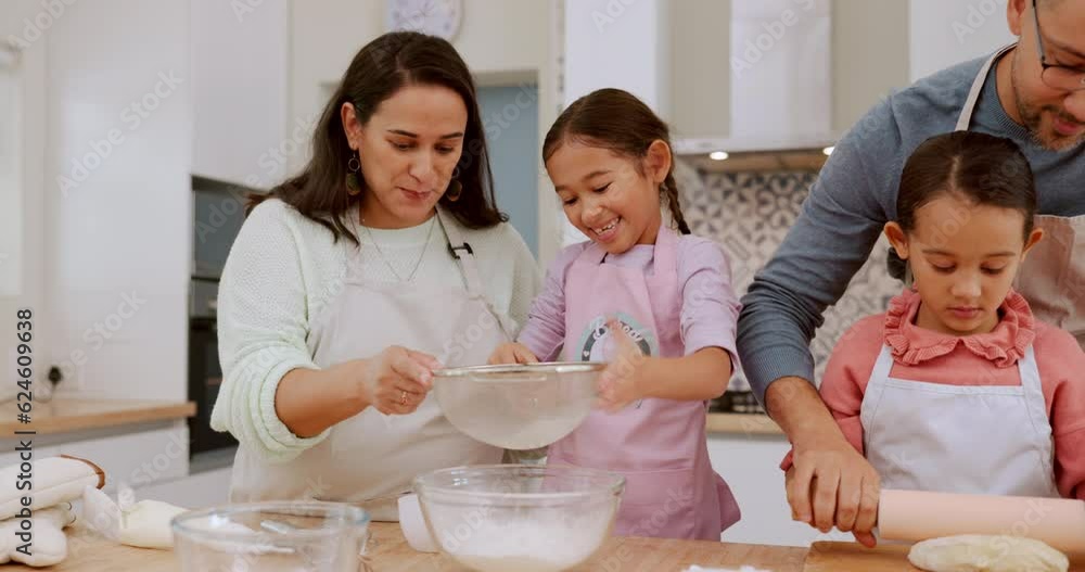 Kitchen, flour and happy family kids baking dessert, food or prepare recipe ingredients with support help from Brazil parents. Teach, chef and home father, mother and children learning cooking skills Kitchen, flour and happy family kids baking dessert, food or prepare recipe ingredients with support help from Brazil parents. Teach, chef and home father, mother and children learning cooking skills