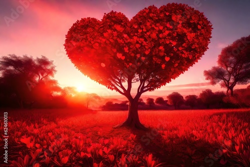 red tree heart and sunset over the field Created using generative AI tools © Faisal Ai