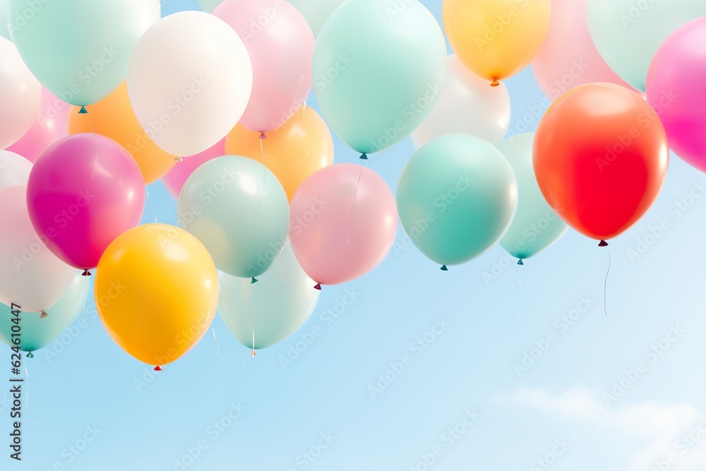 close up of colorful balloons flying in the air, levitation,rainbow palete pastel background for design