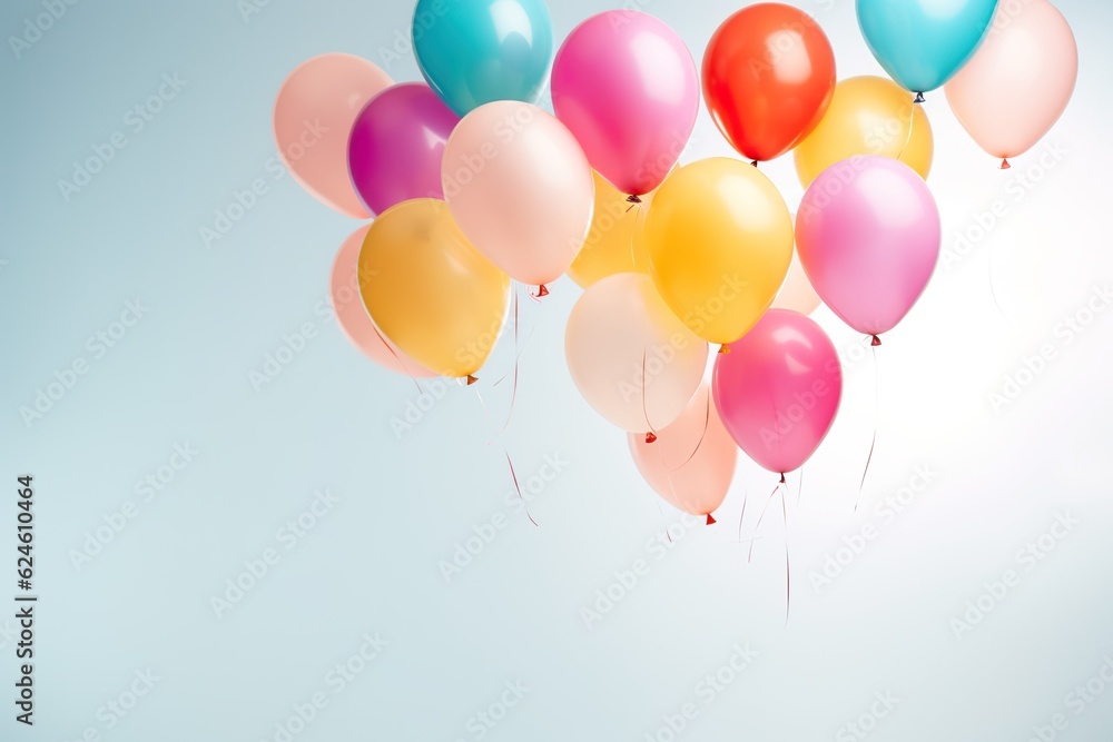 close up of colorful balloons flying in the air, levitation,rainbow palete pastel background for design