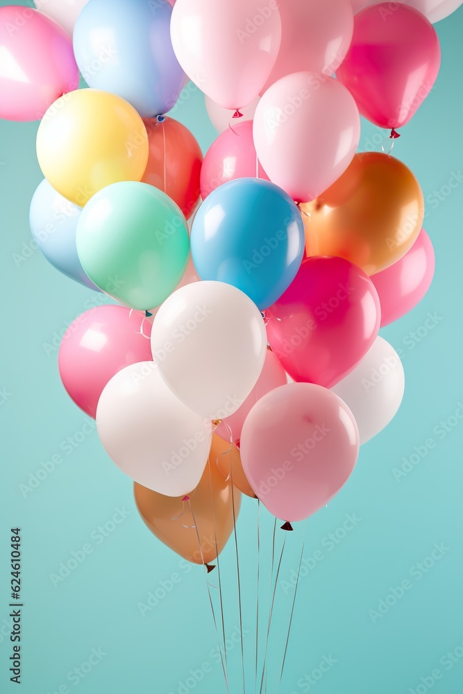 close up of colorful balloons flying in the air, levitation,rainbow palete pastel background for design close up of colorful balloons flying in the air, levitation,rainbow palete pastel background for design