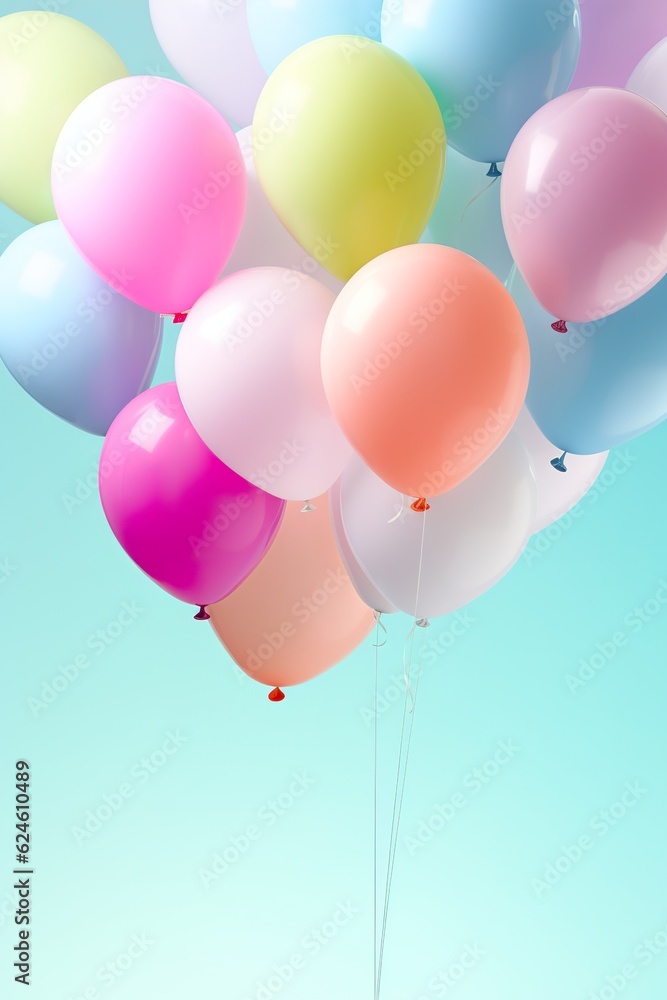 close up of colorful balloons flying in the air, levitation,rainbow palete pastel background for design