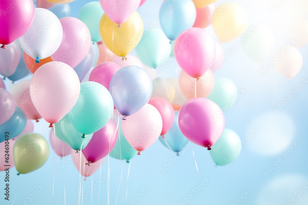 close up of colorful balloons flying in the air, levitation,rainbow palete pastel background for design close up of colorful balloons flying in the air, levitation,rainbow palete pastel background for design