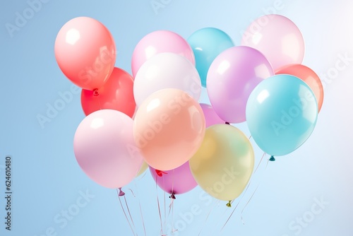 close up of colorful balloons flying in the air  levitation rainbow palete pastel background for design