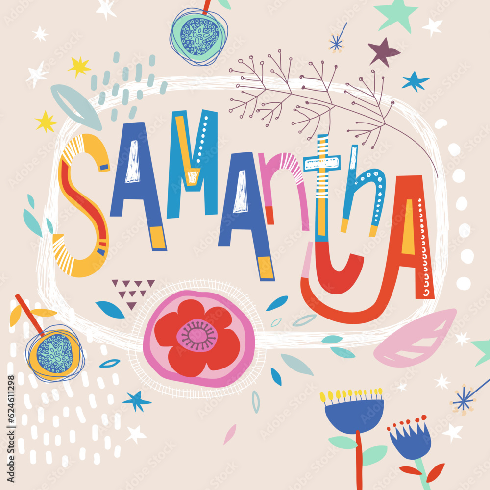 Bright card with beautiful name Alondra in flowers, petals and simple forms. Samantha female name design in bright colors. Tremendous vector background for fabulous designs Bright card with beautiful name Alondra in flowers, petals and simple forms. Samantha female name design in bright colors. Tremendous vector background for fabulous designs