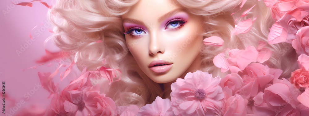  Woman portrait with flowers fantasy style in pastel pink colors. Concept of environmental friendliness and naturalness of cosmetic products. Banner. Generative Ai content.