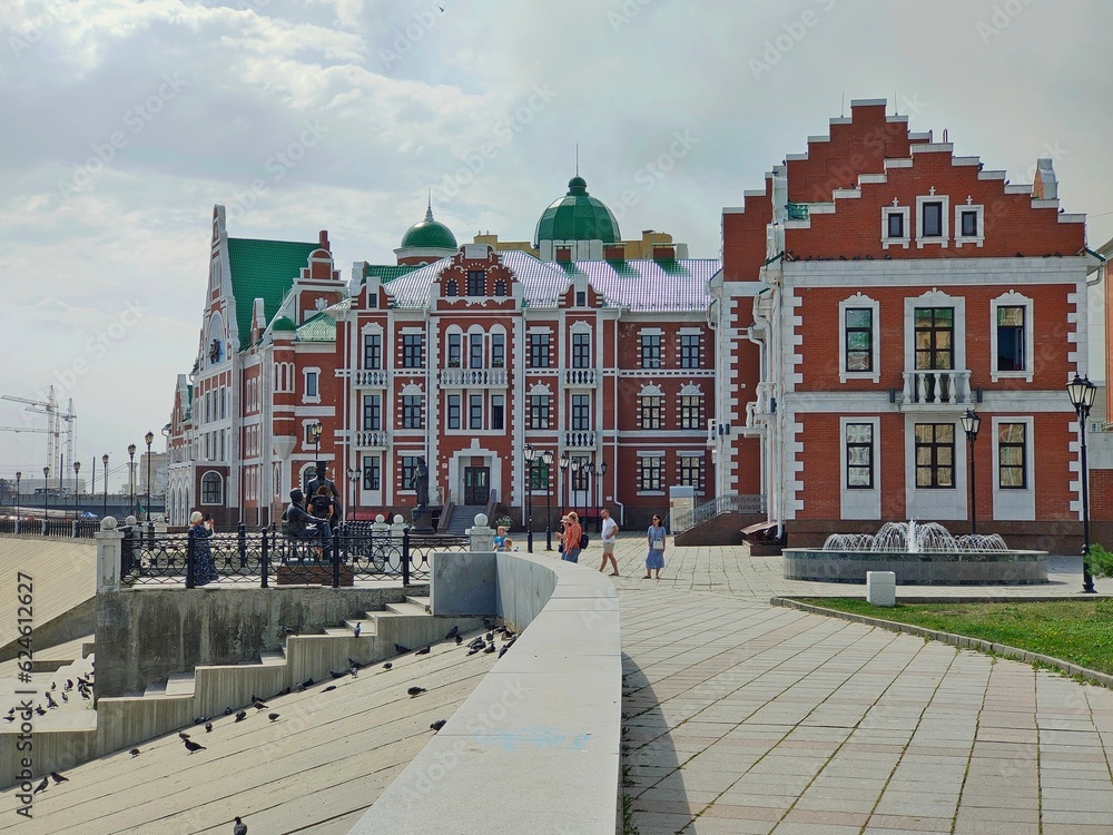 Yoshkar-Ola, Republic of Mari El, Russia - 08.20.2021.  Buildings on the Amsterdam waterfront