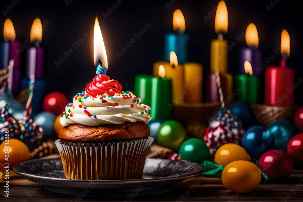 birthday cupcake with candles  Created using generative AI tools