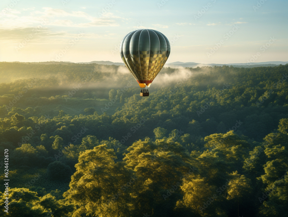 Fototapeta premium Soaring Sunrise: Hot Air Balloon Over a Lush Forest at Dawn
