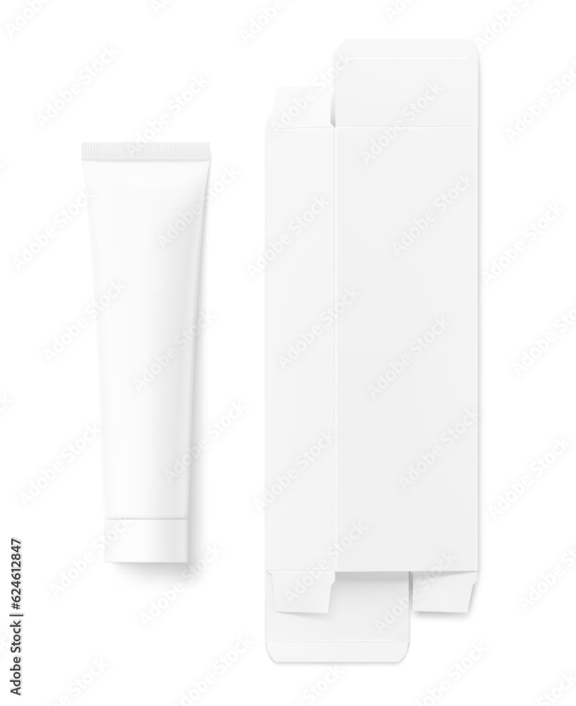 Blank plastic tube with flat box mockup. Vector illustration isolated on white background. Can be use for your design, advertising, promo and etc. EPS10. Blank plastic tube with flat box mockup. Vector illustration isolated on white background. Can be use for your design, advertising, promo and etc. EPS10.