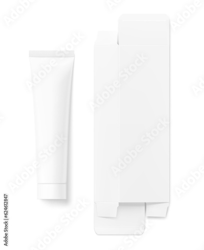 Blank plastic tube with flat box mockup. Vector illustration isolated on white background. Can be use for your design, advertising, promo and etc. EPS10. 