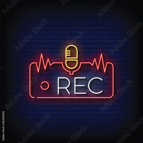 Neon Sign recording with brick wall background vector