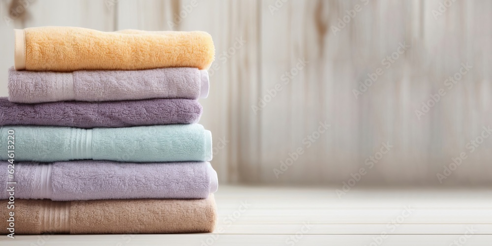 Stack of bath towels on light wooden background. Generative AI image Stack of bath towels on light wooden background. Generative AI image