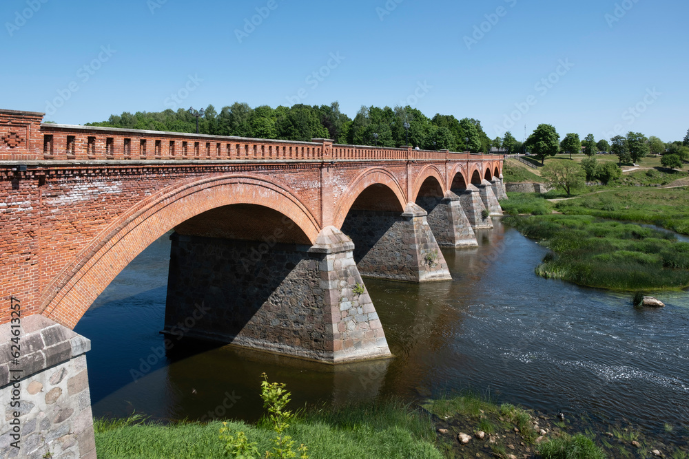The Old Brick Bridge in across the Venta river is the longest bridge of this kind of road bridge in Europe. Kuldīga, Latvia